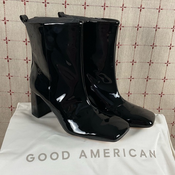 Good American Black Patent Leather Ankle Boots GA165P-X Glossy Square Toe 7.5 - Picture 2 of 7